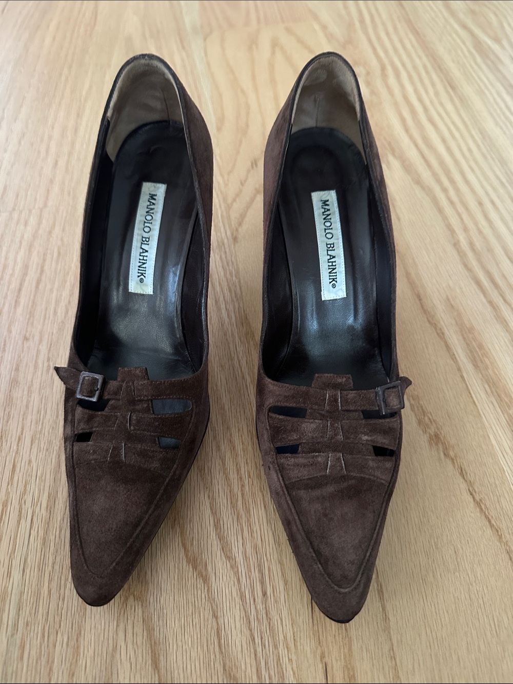 Manolo Blahnik Brown Suede Pointed-Toe Strappy Pumps